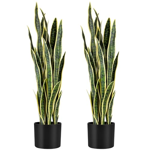 KOL 3ft 2PCS Artificial Snake Plant, 32 PVC Lifelike Leaves,