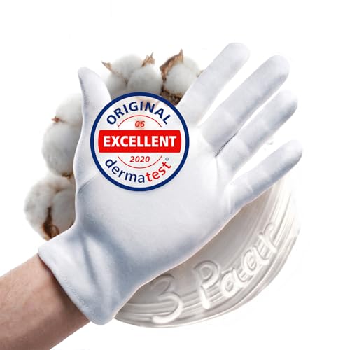 Baumwollhandschuhe aus 100% Baumwolle (Dermatest: Sehr gut), Weiße Handschuhe, Weiche Textilhandschuhe für Handmasken, Stoffhandschuhe mit zertifizierter Hautverträglichkeit, 3er Pack
