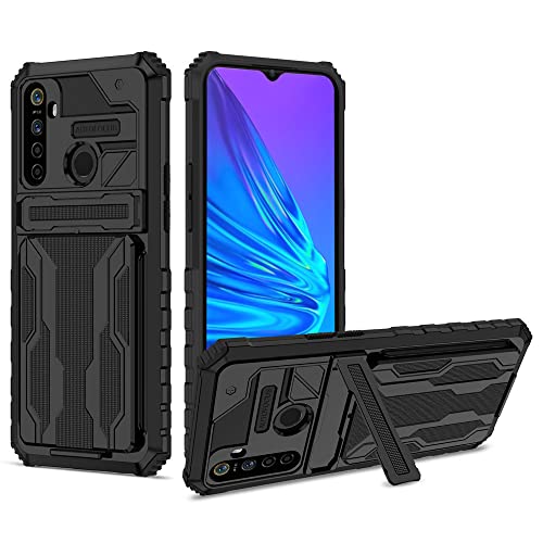 JYZR Realme 5i Card Holder Case,Dual Layer Anti Scratch PC Hard and TPU Soft Shell with Retractable Kickstand Wallet Cover Protection Case for Realme 5i - Black