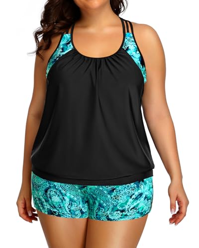 Image of Womens Plus Size Tankini Swimsuit Two Piece Tummy Control Bathing Suit | Blouson Racerback Tankini Top with Shorts, Double Up Design, Removable Pad
