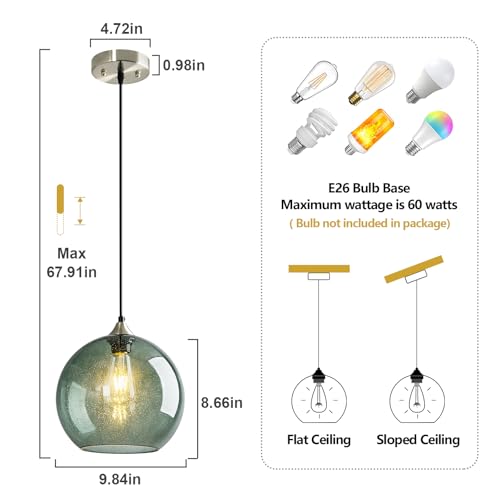 Image of Gray Green Glass Pendant Lights Kitchen Island Lighting Globe Pendant Light Fixtures Modern Pendant Lighting for Kitchen Island Bedroom Living Dining Room Light Fixture(9.84in, 1-Pack)