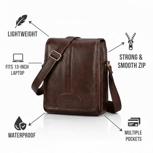 Image of Men's Leather Sling Bag Crossbody Messenger Shoulder Bag | Stylish Office Travel Side Bag with Multiple Compartments, Adjustable Strap & Secure Pockets for Daily Use