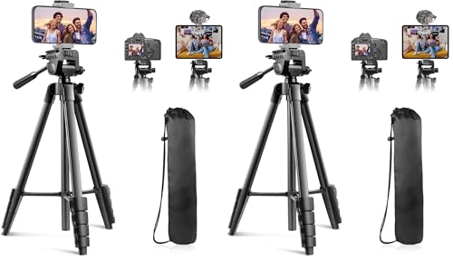 Image of 64 inch Camera Tripod Stand for iPhone & iPad, Phone Holder with Remote, 2 Pack | 64-inch tripod stand, fits iPhone and iPad, wireless remote, stable phone holder for photos, video and live streaming