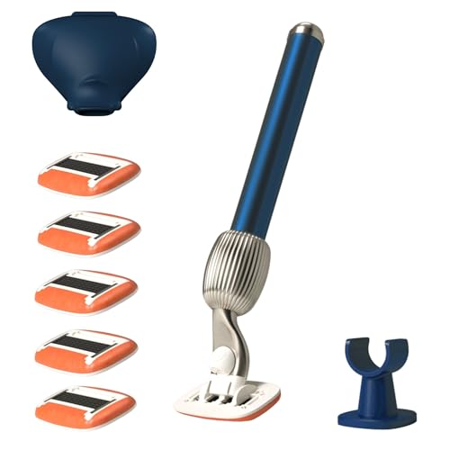 Fler The Razor Shave Set - Maquinilla de Afeitar para Mujer con Cabezales Intercambiables, con Soporte, 6 Cuchillas de Repuesto y Funda Protectora, Cuchilla Unisex con Aloe Vera, Vitamina E (Azul)