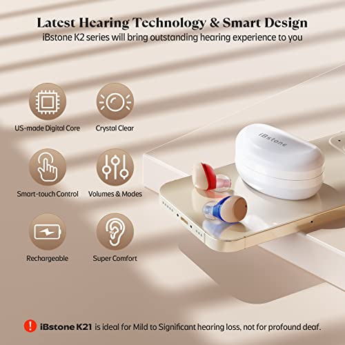 iBstone Rechargeable Hearing Aids for Seniors Adults, OTC Digital Devices for Super Nature Sound, 4 Programs for Optimal Hearing Experience, Smart Touching Operation, Quick Charge with Portable Charging Case, K21, 2025 Version