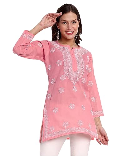 Image of Ada Hand Embroidered Lucknow Chikankari Straight Round Neck Cotton Blend Short Kurti Tunic Top for Women A911333