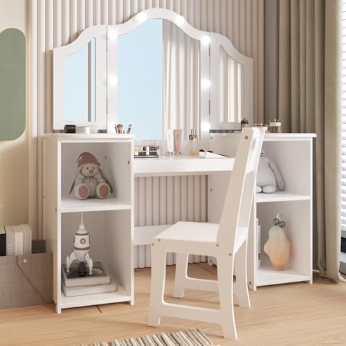 Kids Vanity with Lights Storage Cabinet & Touch Light Detachable Tri-Folding Mirror, 2 in 1 Toddler Vanity Table & Chair Set Wooden Girls Vanity Dress Table for Girls