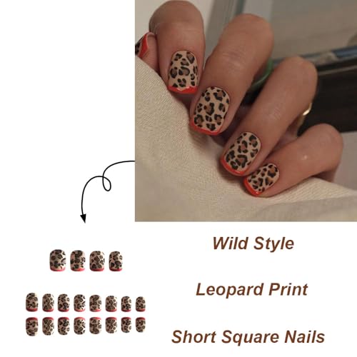 Image of Leopard print Press on Nails Red French Tip Fake Nails Short Square False Nail Fall Winter Nail Press ons Glossy Full Cover Glue on Nails Artificial Acrylic Stick on Nail for Women Manicure 24Pcs