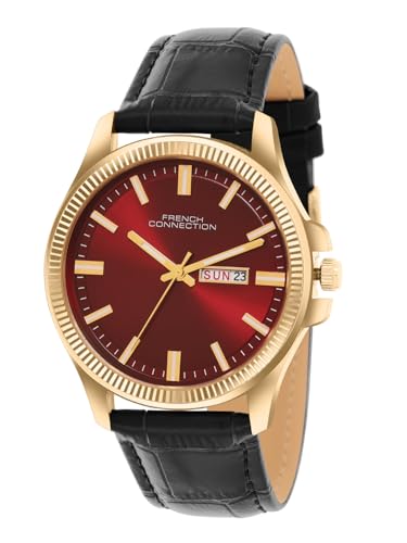 Image of French Connection Sunray Maroon Round Dial with Black Leather Strap Watch for Mens - FCN0121BL