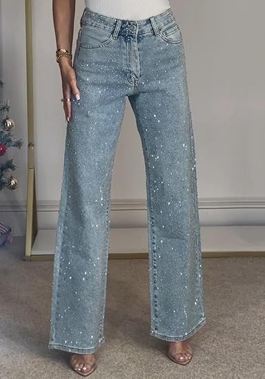 Sparkly Jeans for Women Rhinestones Y2K High Waisted Baggy Straight Wide Leg Loose Fit Bling Glitter Boyfried Denim Pants - Image 2