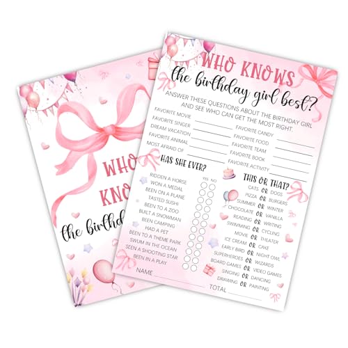 Image of Who Knows The Birthday Girl Best 5x7 inches, Pink Party Game Card Set, Pink Bow Theme Girls Sleepover Party Supplies, Girls Birthday Night Game Ideas, 20 Pieces