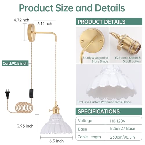 Image of Shenmoyl Vintage Wall Sconce with White Lily of the Valley Glass Shade Hanging Wall Sconce with 4.9FT Plug in Cord, Modern Wall Lamp Fixtures Decor for Bedside Bedroom Indoor Doorway