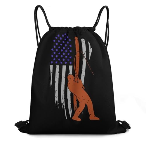 American Fishing Flag Drawstring Backpack Durable Sport Gym Bags Daypack for Men Women 35 * 42cm