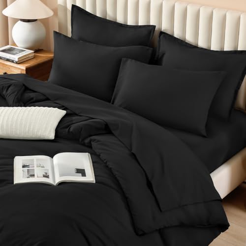 Image of Litanika Comforter King Size Set Black - 7 Pieces Bed in a Bag King Bedding Comforter Sets, Plain Lightweight Bed Set with Comforter, Sheets, Pillowcases & Shams