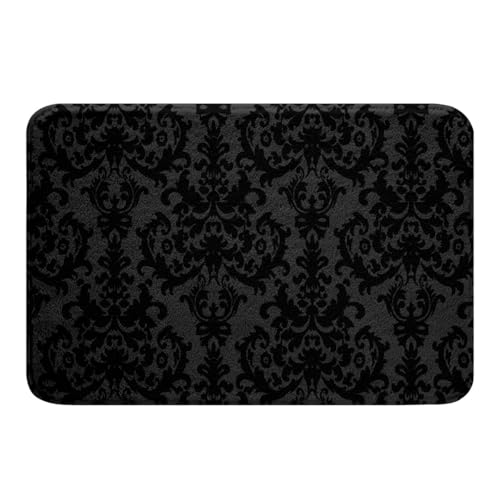 Erosebridal Adults Black Damask Bathroom Rug Antique Victorian Baroque Bath Mat Non Slip 20"X32" Gothic Vintage Floral Door Mat Bohemian Exotic Fleece Absorbent Bath Rug Bedroom Decor