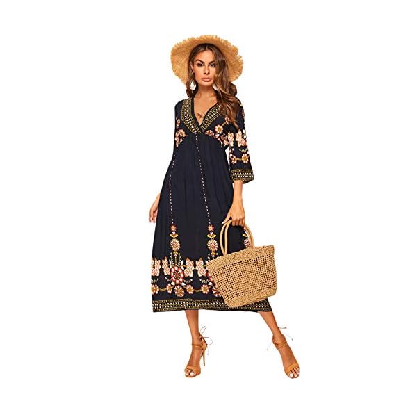 ROMWE Women's Floral Print Deep V Neck 3/4 Sleeve A-Line Bohemian Tribal Boho Midi Dress Multicolored Large