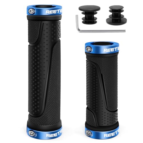 REETEE Fahrradgriffe Rutschfester Fahrradlenkergriffe Ergonomische MTB Griffe, Zwei Enden Aluminium Lock Fahrrad Griffe Lenkergriffe für 22.2 mm Mountainbike/Scooter/MTB (blau(130mm+90mm))