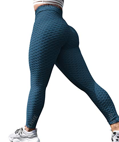 RILNME Anti-Cellulite Butt Lift Leggings High Waisted Scrunch Booty Yoga Pants Textured Ruched Tights for Women(#1-Navy Blue, XXL)