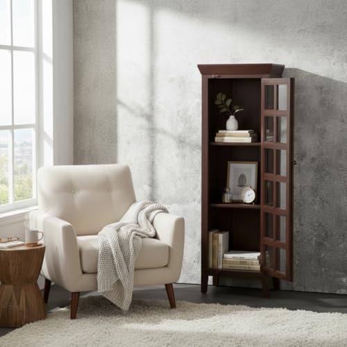 Image of APRODZ Mango Wood Crockery Cabinet with Glass Door | Wooden Kitchen Storage Cabinet for Dining Room Living Room & Bedroom | Tall Storage Cabinet with Shelves | Display Cabinet for Home, Brown Finish