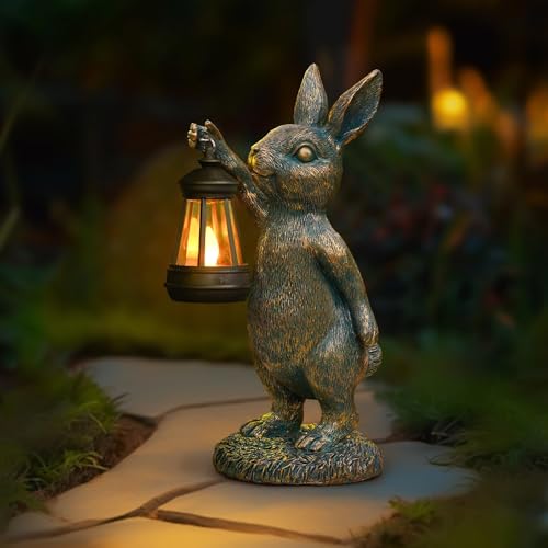 zuzuzen Rabbit Garden Statues with Solar Lantern Bunny Outdoor Resin Sculpture for Patio Yard Lawn Decorations Gifts for Mothers Day Housewarming Easter