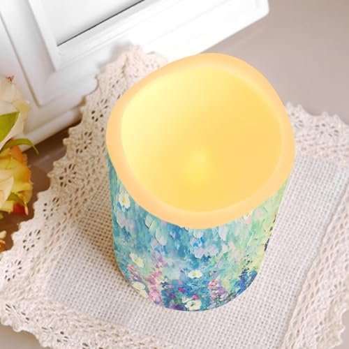 Image of Blue Floral Plastic Flameless Candles with Remote Control and Timer LED Flickering Battery Operated Color Changing Electric Pillar Candles for Table Weddings Gifts Home Decoration