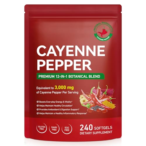 Cayenne Pepper Softgels Supplement 240 Softgels 12-in-1 3000mg per Serving with Vitamins D3 K2 & E |Supports Leg Vein Digestion Support Immune System Boosts Everyday Energy & Vitality