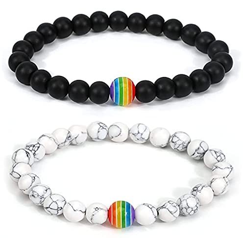 RunmeihePride Rainbow Bracelet,LGBT Pride Accessories,Black+White Agate Beads For Women Girl Couple Gay Lesbian Friends Good Luck Jewelry Gifts,Perfect Valentine's Day Gifts for Him or Her (A pair)