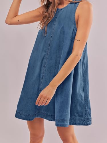 Image of utcoco Women's 2026 Summer Sleeveless Denim Mini Dress Back Cut Out A Line Swing Jean Tank Dress