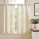 TOPICK Scheibengardinen Leinenoptik Bistrogardine für Wohnzimmer Küche Kleine Fenster Lichtdurchlässig Küchenvorhänge Kurz Gardinen Landhaus Scheibengardinen Tunnelzug 2er Set 65x115 cm Natur