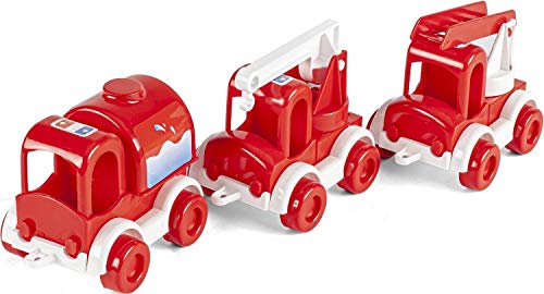 Wader 60023 - Kid Cars Spielset Feuerwehr, 3 rote Fahrzeuge mit Tankwagen, Kranwagen und Feuerwehrwagen, stabile Stahlachsen, ab 12 Monaten, ideal als Geschenk für kreatives Spielen – Bild 3