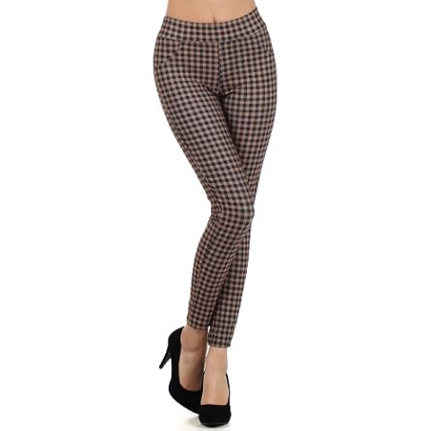 Fashion MIC Women's Mini Checkered Slim Fit Pants Leggings (Large, Camel) Cover