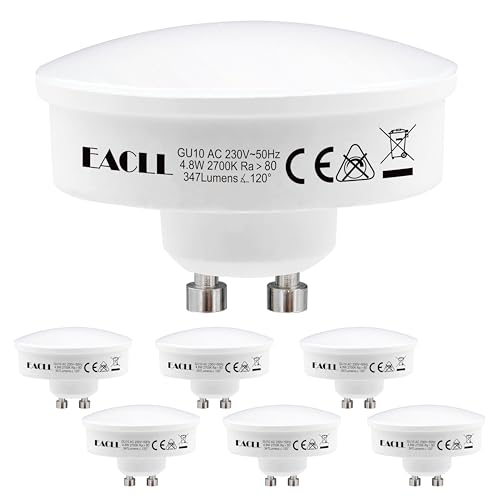 EACLL Ultraflacher GU10 LED Lampe Warmweiss 4.8W Ersetzt 50W Halogen Leuchtmittel, 6er-Pack. 347lm 2700K Birnen, 50mm x 36mm für Einbaustrahler, AC 230V Flimmerfrei, Abstrahlwinkel 120° Nicht Dimmbar