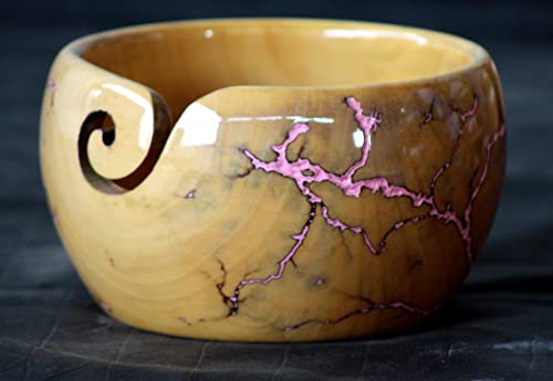 Image of Lichtenberg Figure Yarn Bowl - Handmade Wooden Yarn Bowl for Knitting Yarn Ball Holder - Yarn Bowls with Holes Crochet Bowl Holder - Yarn Storage Bowl 7 inch x 4 inch inches (Pink)