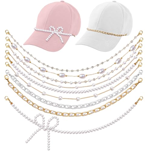 Image of Geyoga 9 Pcs Trucker Hat Chains Trucker Hat Charms Women Man Bill Decoration Detachable DIY Metal Chain for Mesh Baseball Cap(Gold White,Pearl)