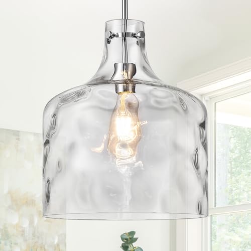 Image of 12 inch Chrome Farmhouse Pendant Light, Hammered Glass, E26 Hanging Light | Chrome hammered glass pendant light with adjustable chain, E26 socket, ideal for kitchen islands and dining rooms
