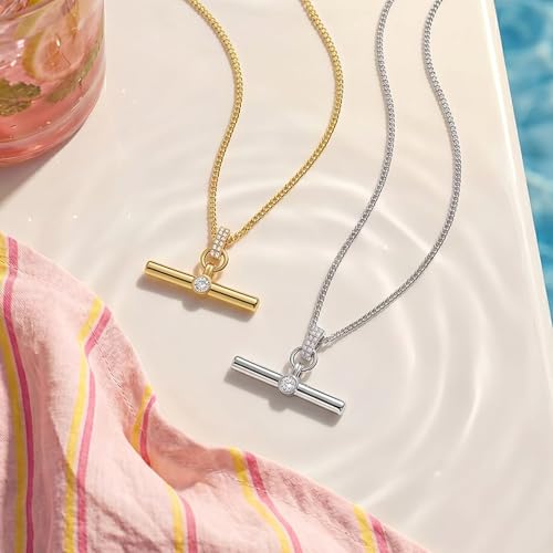 Image of Jeulia 14K Gold Plated Necklaces for Women, Dainty Paperclip Chain Choker T-Bar Layered Stackable Gold Necklace Jewelry Gifts