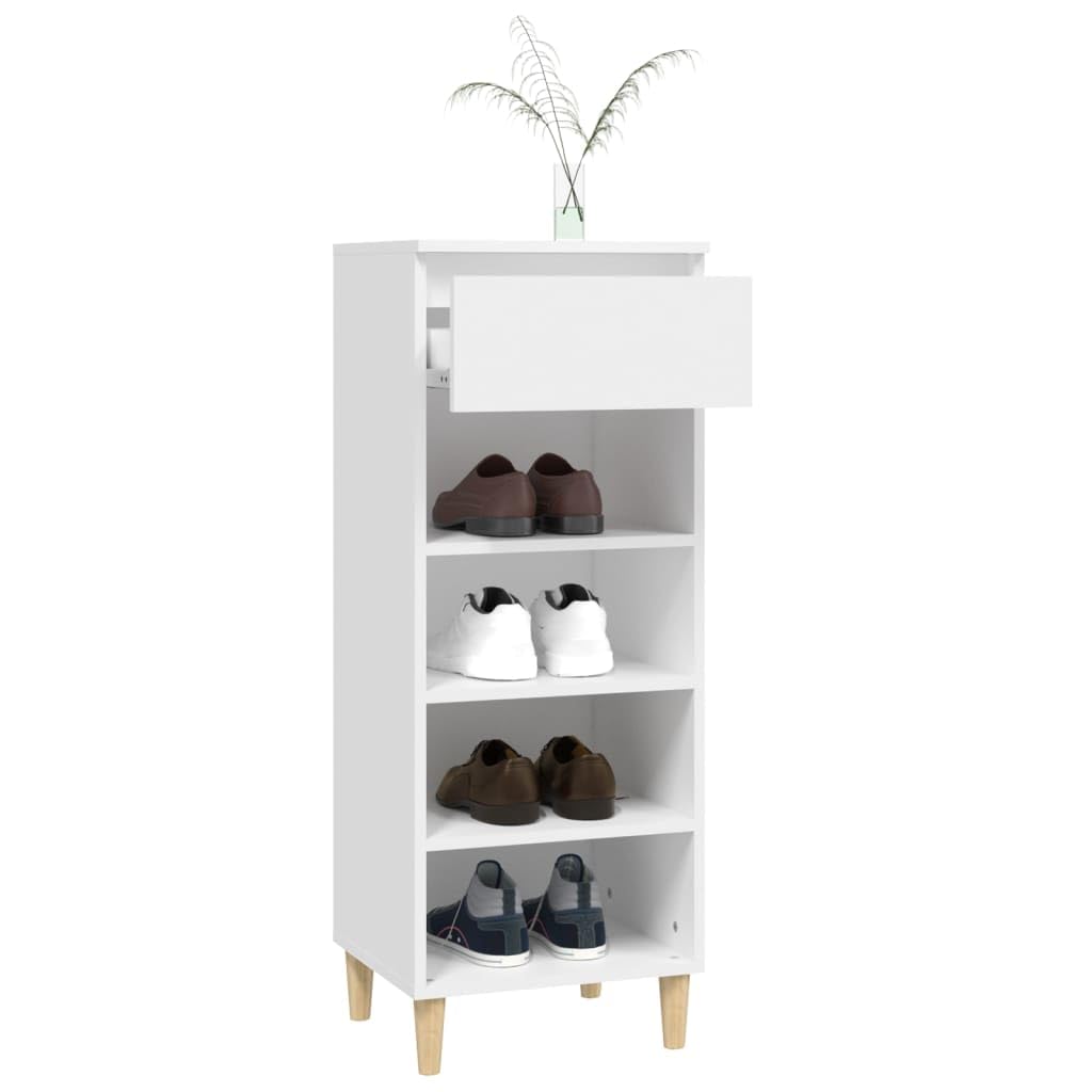 Zapatero blanco 40 x 36 x 105 cm de madera con 4 bolsillos abiertos y 1 cajón para almacenamiento, placa superior estable y patas de madera resistentes, armario de almacenamiento compacto