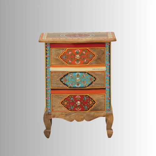 Image of Wooden Bedside Table for Bedroom with Drawer | Solid Wood Nightstand, Hand Painted Bed Side Table | Medium Size Storage Cabinet for Living Room, Multicolour-BS5