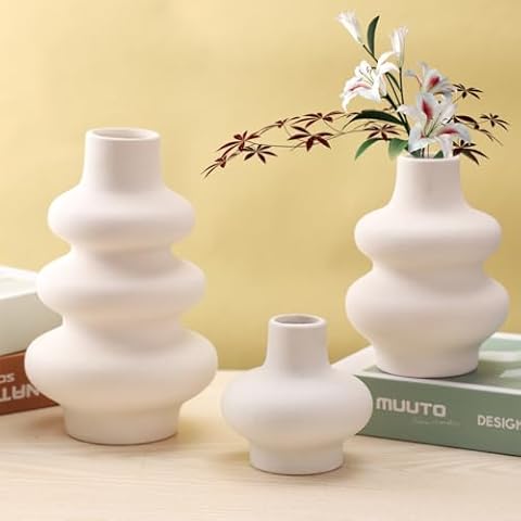 White Ceramic Vase Set of 3, Modern Decorative Flower Vase Minimalism Style for Rustic Home Decor, Modern Farmhouse Decor, Living Room Decor, Shelf Decor, and Entryway Décor Cover