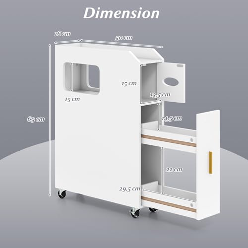 LIFEZEAL Badezimmerschrank klein, Nischenschrank mit Toilettenpapier-Box, Bürstenhalter & Schublade, Badschrank Nischenregal schmal für Waschküche, Wohnzimmer, Badezimmer (Weiß)