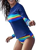REKITA Womens Long Sleeve Rashguard Shirt Color Block Print Tankini Swimsuit