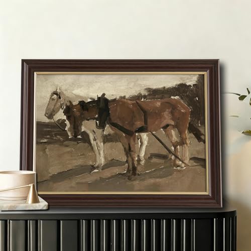 Image of Vintage Framed Work Horses Canvas Wall Art, Antique Farm Animal Painting, Neutral Tone Rustic Wall Decor for Living Room Bedroom Farmhouse Aesthetic