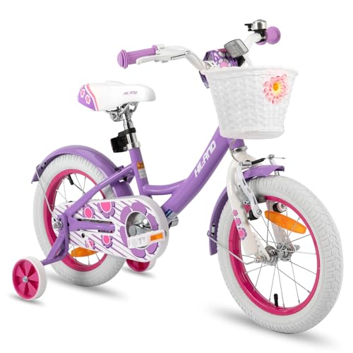 HH HILAND Girls Bike for Toddlers and Kids Age 2-4 Years Old, 12 Inch Kids Bike for Boy and Girl with Training Wheels Basket Bell Rear Rack Purple