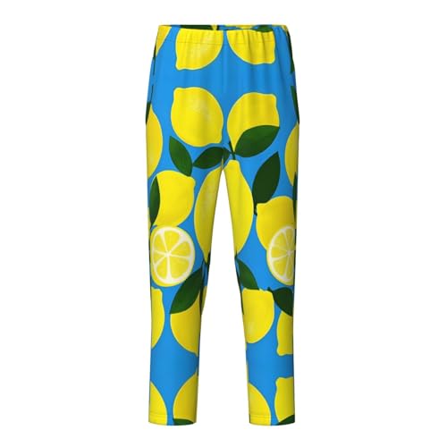 Pajama Pants Pajama Bottoms with Elastic Waistband Sleepwear Lounge Pants, Fruits Lemon Leaf Blue