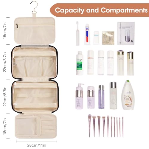 Wandering Nature Toiletry Bag for Women, Hanging Travel Makeup Organizer with 4 Compartments, Pu Leather Waterproof Cosmetic Bag for Full Sized Toiletries Black2