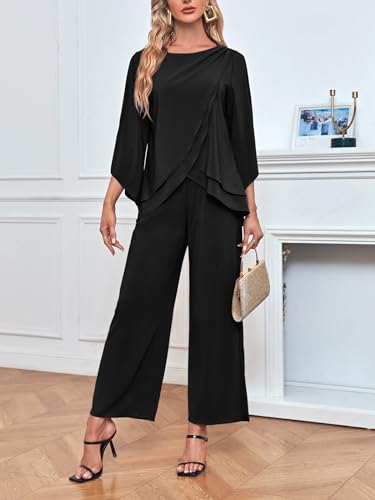 Women's Chiffon 2 Pcs Mother of The Bride Pant Suits Asymmetrical Hem Tops Pants Plus Size Wedding Party Prom Outfit2