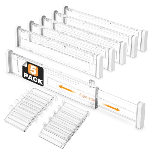 Image of HiYZ Expandable Drawer Dividers with Inserts - Adjustable Drawer Organizers Separators for Kitchen, Bedroom, Dresser, Office, 8 Long Dividers(12.6-22.8 IN) with 10 Inserts(3.9-7.1 IN) - Clear