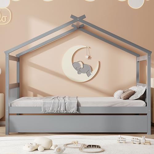 Image of Twin Size Creativity House Bed with Roof Frame and Twin Size Trundle, Montessori Wooden Platform Bed with Sturdy Slats Support for Kids Teens Girls Boys, No Box Spring Needed (Gray-02, Twin)