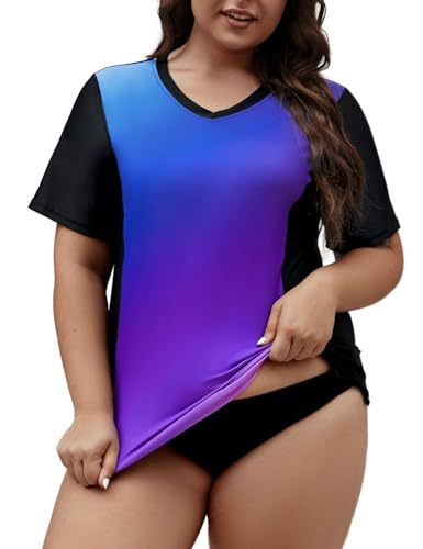 Tournesol Women's Plus Size Rash Guard UV Sun Protection Swim Shirts Short Sleeve Swimwear Swimsuit Tops