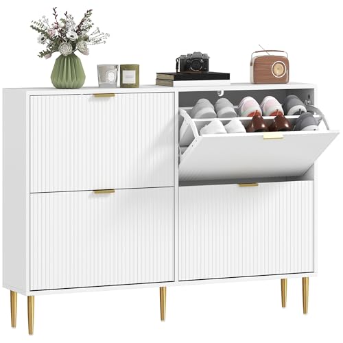 HOMCOM Meuble à Chaussures 20 Paires, Armoire à Chaussures étroite Moderne avec 4 tiroirs rabattables, Portes cannelées et étagères réglables, pour Couloir et...